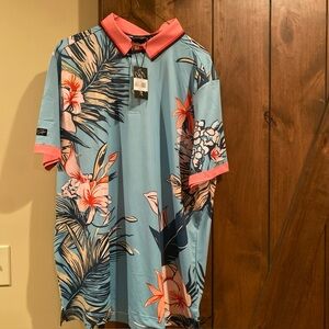 Sunday Swagger Men’s Pink Blue Floral Palm Tree Perform Stretch Polo Sz XL NWT